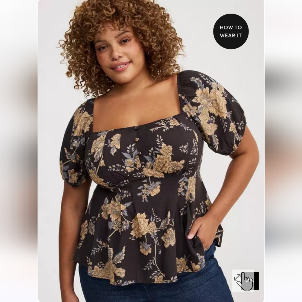 New Torrid Size 1X(14/16W) Puff Sleeve Square Neck Corset Top-Black Floral NWT